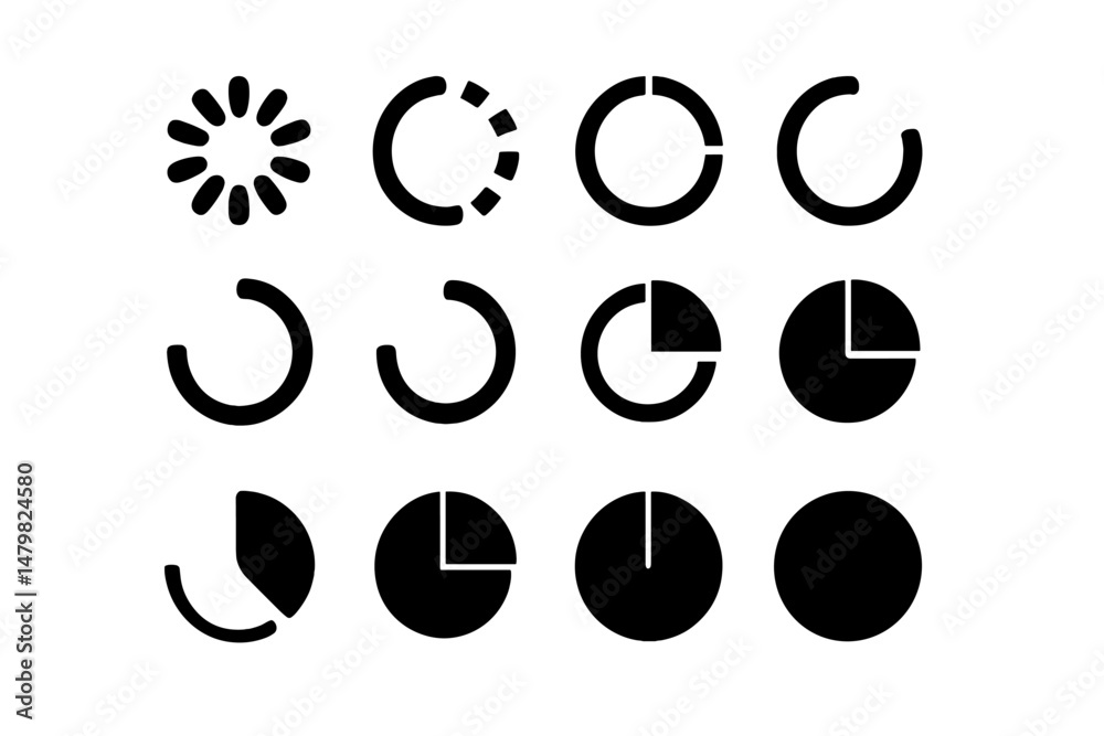 Poster Set of twelve unique web icons showcasing various loading and progress indicators in a minimalist style