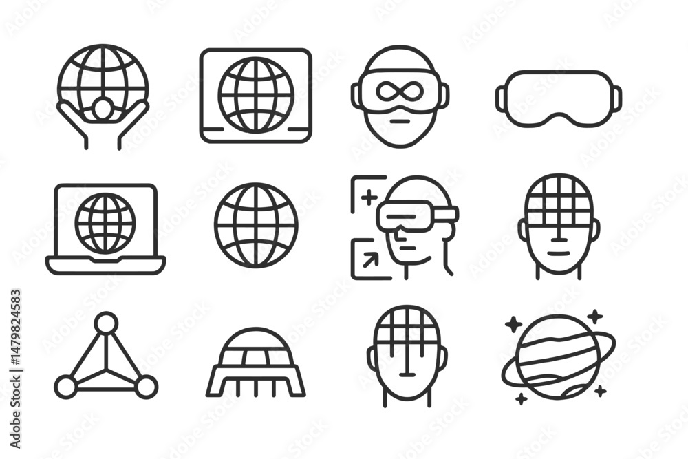 Aufkleber collection of web icons representing global connectivity, virtual reality, and technological themes 