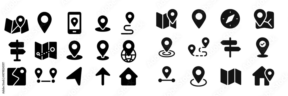 Poster collection of web icons depicting various navigation and mapping symbols for digital design and appl