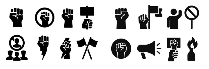 Obraz premium Set of black web icons representing social activism and protest symbols including raised fists and protest signs