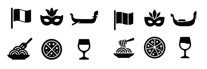 Collection of web icons featuring food, beverages, and festive symbols in black silhouette style