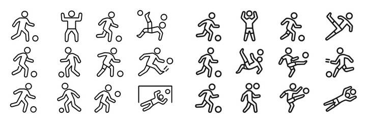Collection of web icons illustrating various soccer player actions and movements during gameplay activities