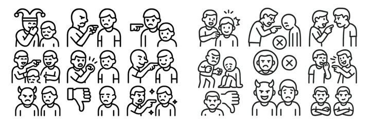 Collection of expressive web icons depicting various emotions and actions in social interactions and communication scenarios