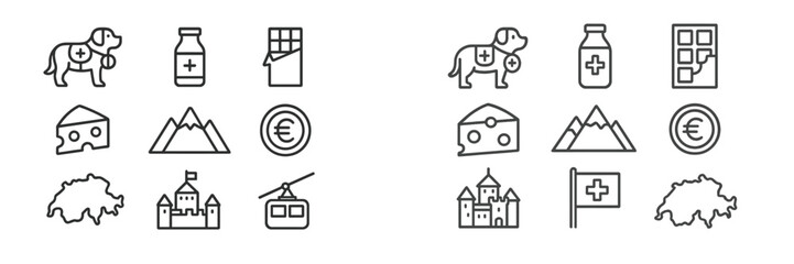 Set of web icons depicting health symbols, Swiss elements, and various goods in a minimalist style
