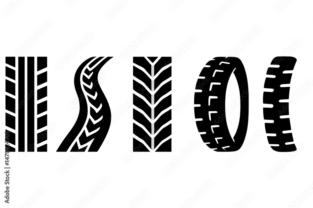 Poster collection of diverse web icons representing various tire tread patterns for automotive design and i