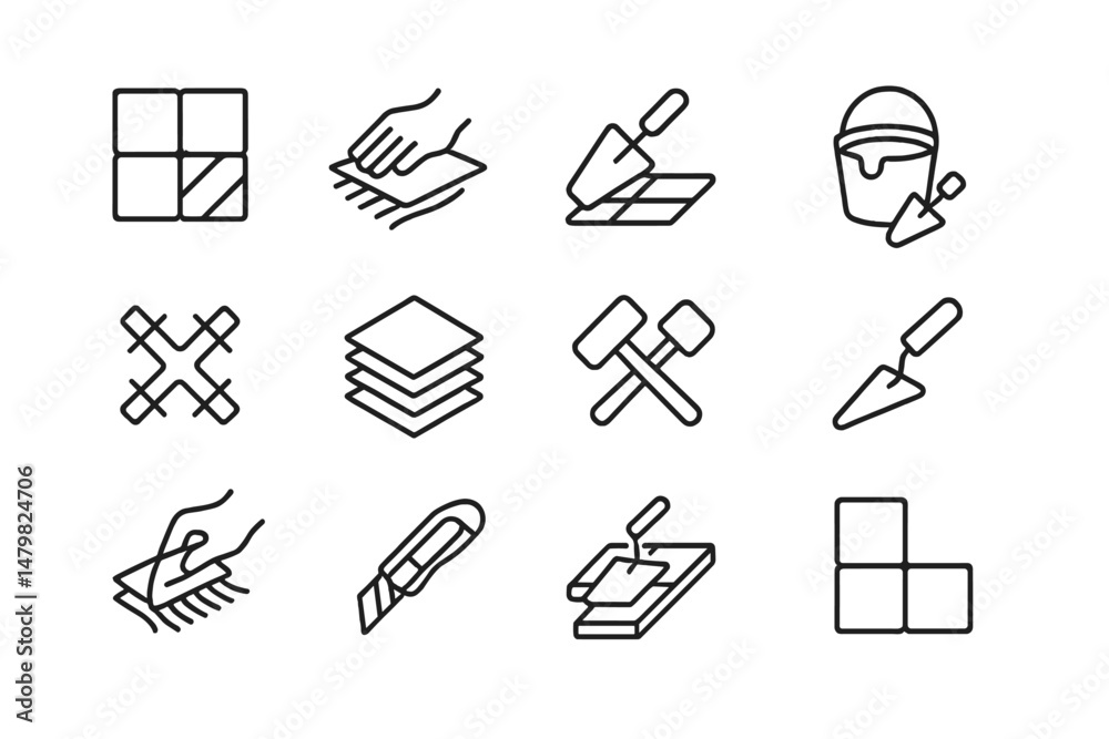 Poster Set of web icons depicting various tools and activities related to construction and tiling tasks