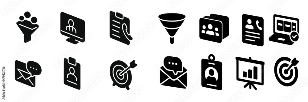 Poster collection of diverse web icons for communication, data management, and digital interaction tools in