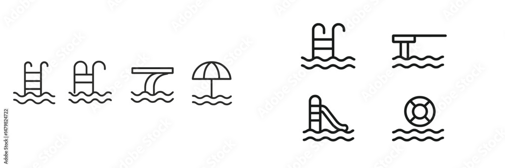Poster Collection of web icons depicting swimming pool elements including ladders, slides, and lifebuoys for use in digital design
