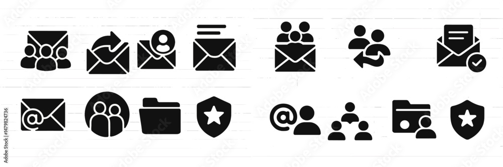 Poster web icons collection featuring communication, security, and social interaction symbols for digital p
