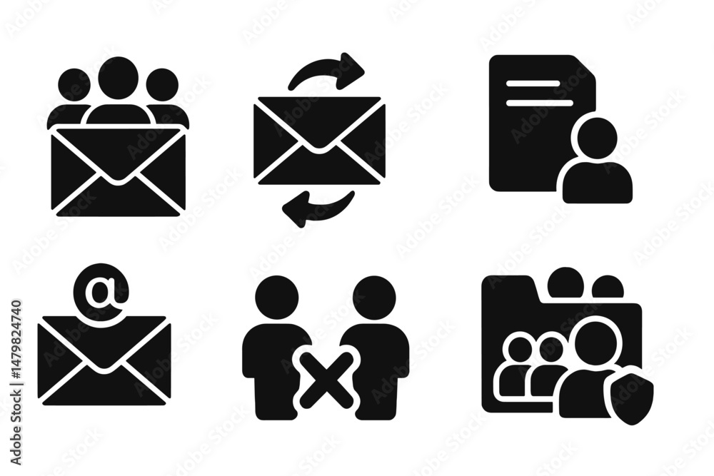 Poster Collection of black web icons representing communication, messaging, and user interaction for online platforms