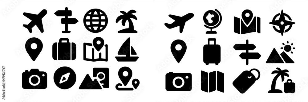 Poster Web icons representing travel, navigation, and tourism elements for digital use and application design