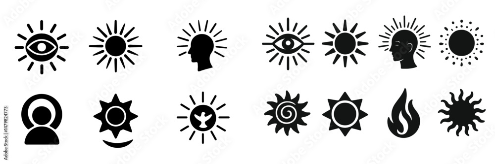 Aufkleber set of web icons featuring sun, eye, and face designs suitable for various applications and creative