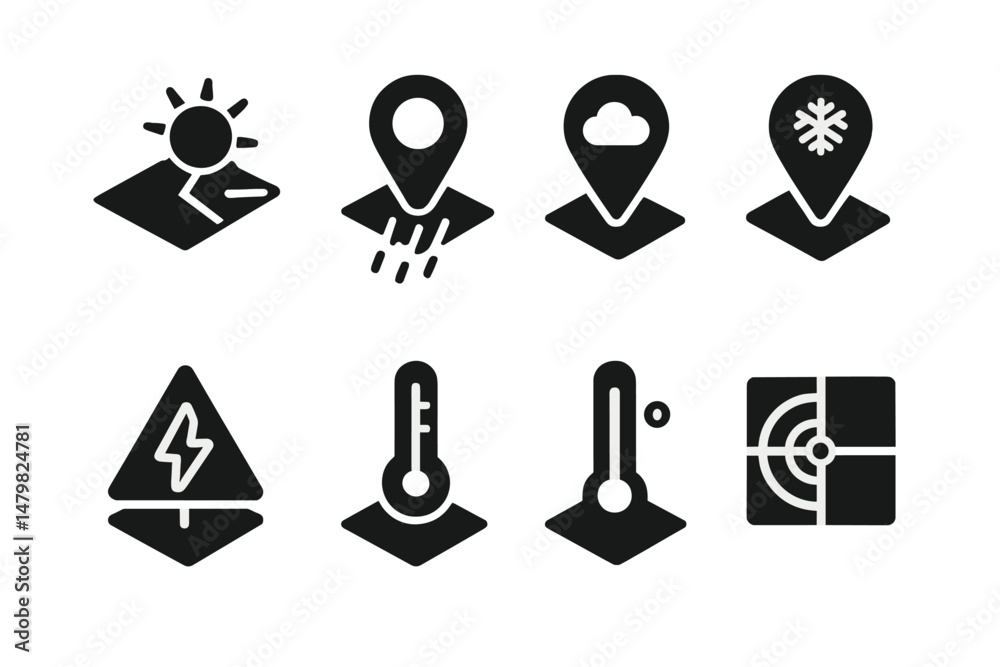 Poster collection of black web icons representing weather, location, and environmental elements for digital