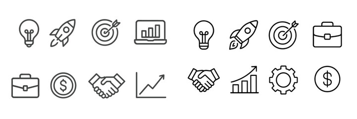 Web icons collection featuring business, finance, and innovation symbols for digital applications and design projects