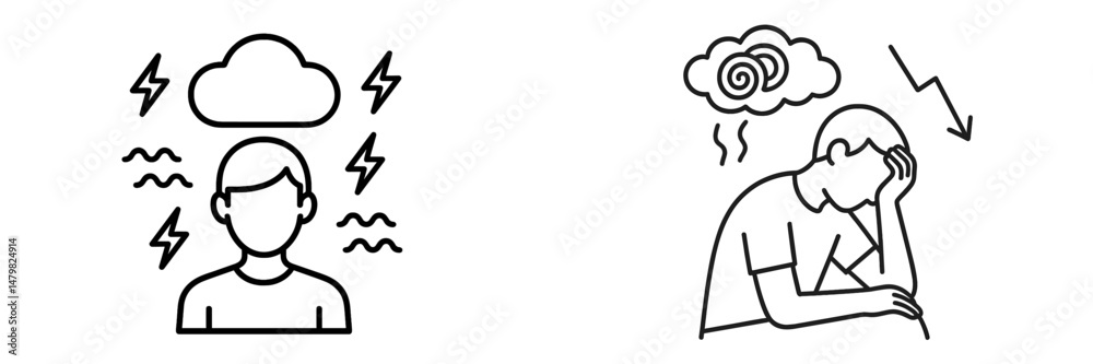 Poster collection of web icons representing mental health concepts such as stress and anxiety illustrated i