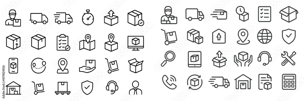 Poster set of web icons representing delivery, logistics, and e-commerce activities in a clean and modern s