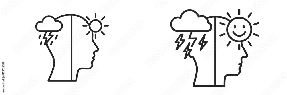 Aufkleber conceptual web icons depicting mental health themes with contrasting symbols of sunshine and rain
