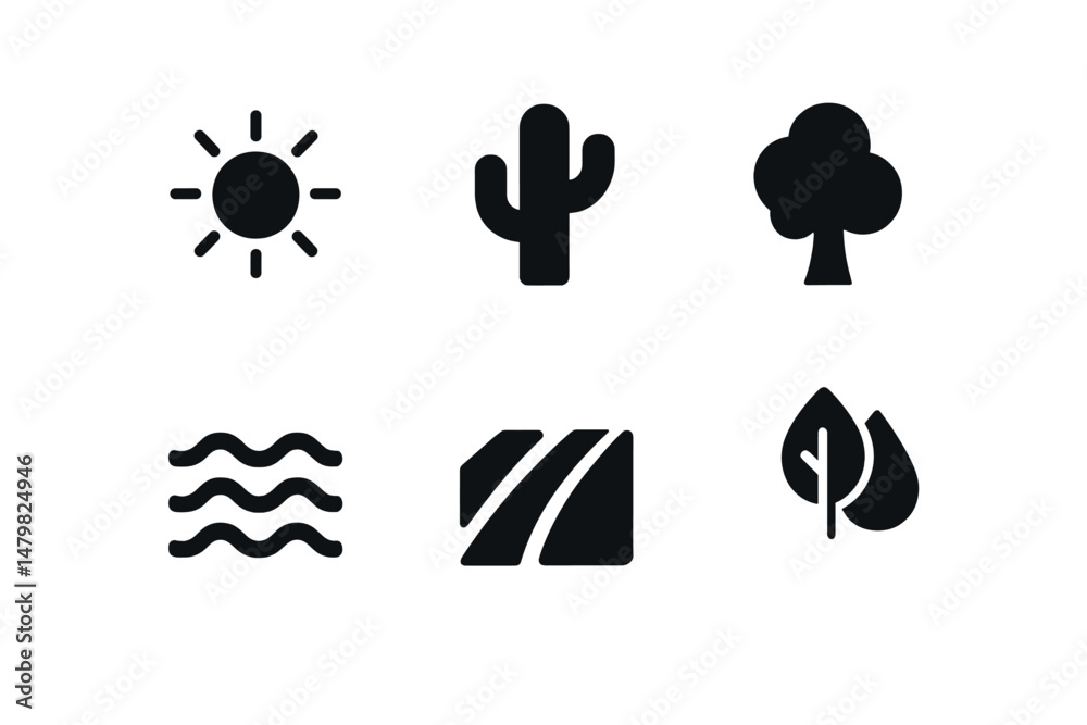 Poster collection of minimalistic web icons representing nature elements like sun, cactus, tree, and water 