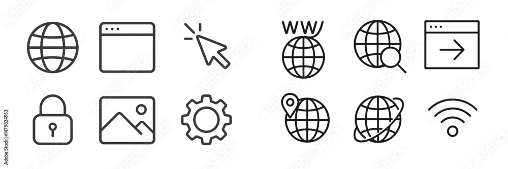 Aufkleber Collection of web icons showcasing various internet-related concepts and functionalities for digital applications and design