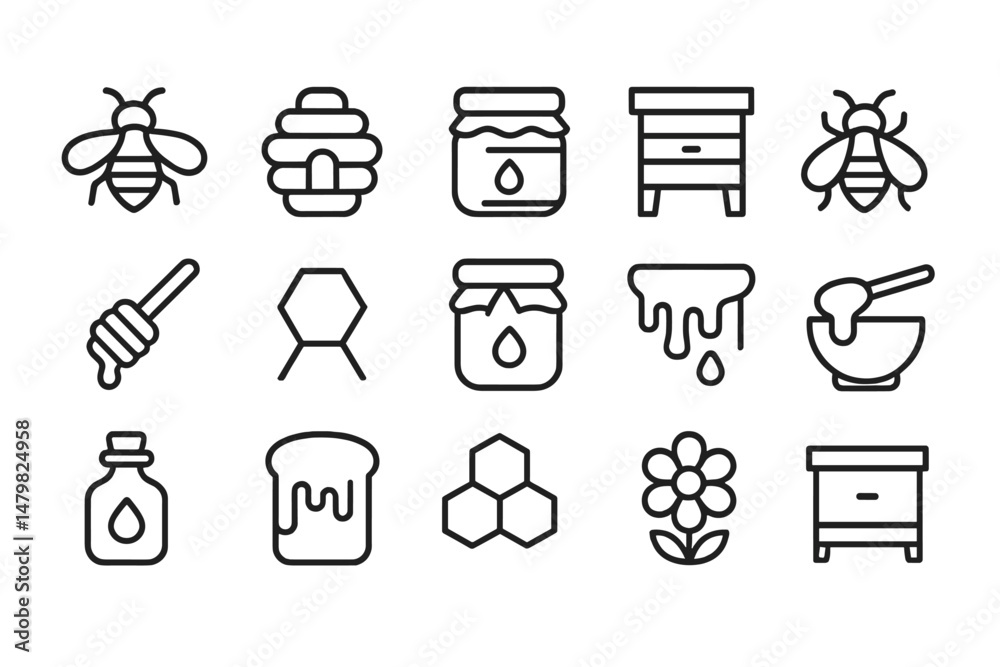 Poster Collection of web icons featuring bees, honey, and hive elements for digital use in design projects