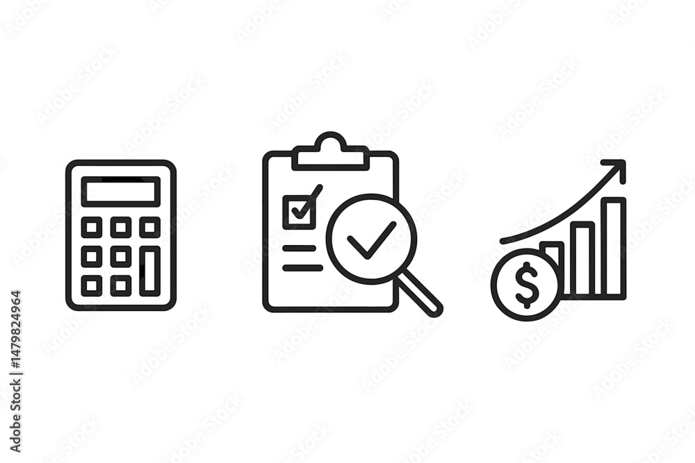 Poster collection of web icons illustrating finance, accounting, and data analysis tools in a modern design