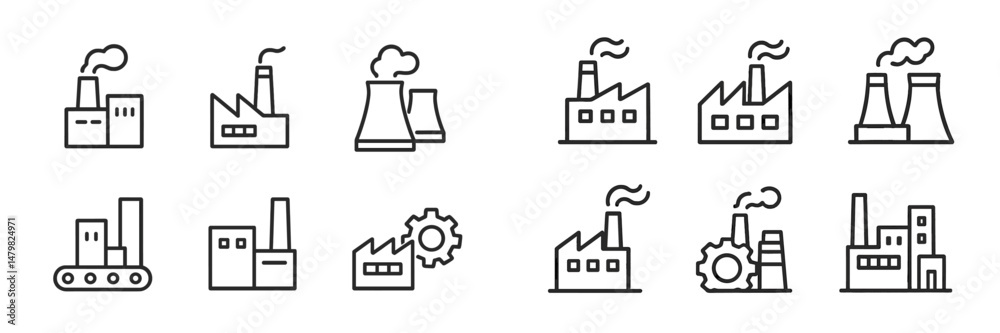 Poster Collection of web icons representing various factory and industry designs in simple line art style