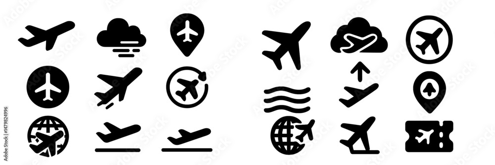 Poster Collection of black web icons featuring aviation elements for digital design projects