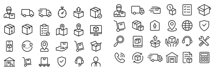 Fototapeta premium Set of web icons representing delivery, logistics, and e-commerce activities in a clean and modern style for digital platforms