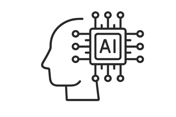 Collection of web icons featuring a human head silhouette with interconnected AI circuitry