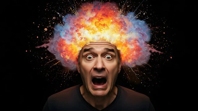 Man with exploding creative mind visualized in a surreal concept