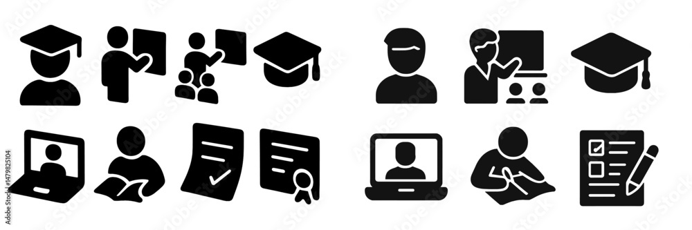 Poster set of web icons depicting education-related activities and information technology for online learni