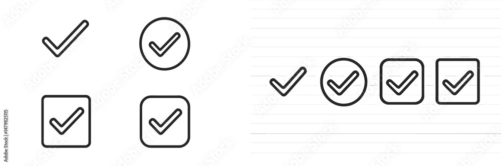 Poster Set of web icons featuring check marks in various styles and shapes for digital applications and design projects
