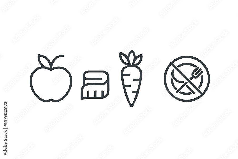 Poster collection of web icons representing healthy food choices and dietary restrictions in a minimalistic