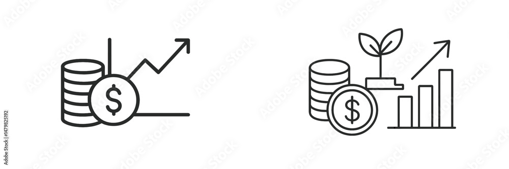 Poster set of web icons illustrating financial growth and investment concepts with coins, charts, and a pla