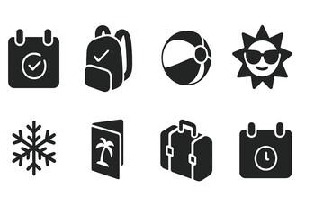 Collection of web icons featuring vacation themes with a calendar, backpack, beach ball, sun, snowflake, travel guide, and suitcase