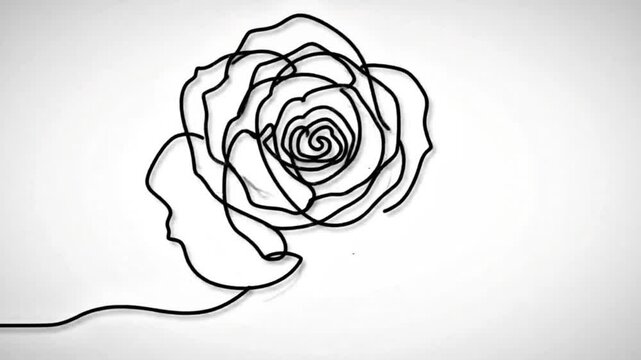 Single-line drawing of a rose. The elegant design features a continuous line forming the petals, stem, and leaf of a rose. Its simplicity and beauty make it perfect for various applications. 