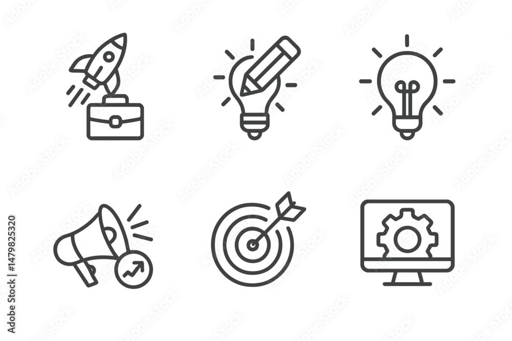 Poster set of minimal web icons representing creativity, communication, and technology for modern digital a