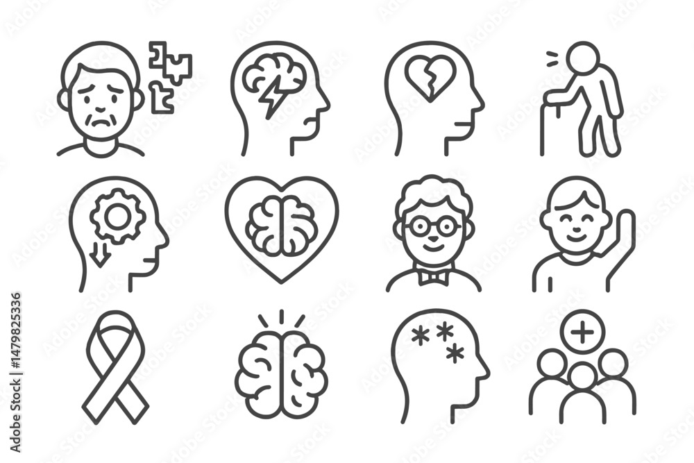 Poster collection of web icons representing mental health themes and emotional well-being
