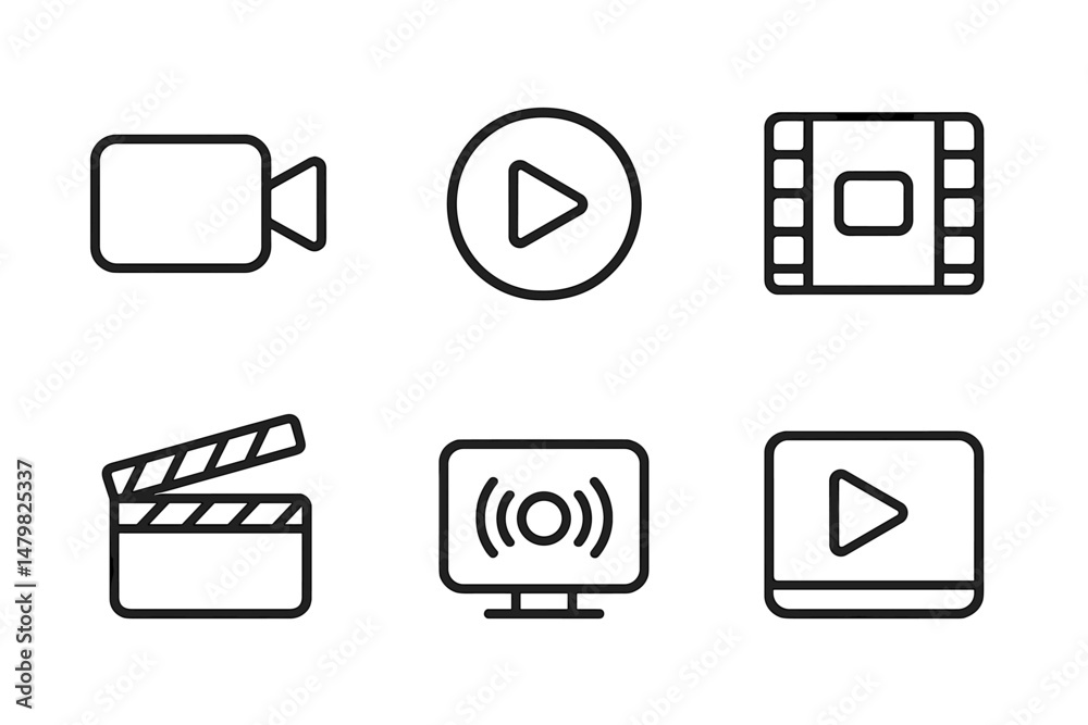 Fototapete Collection of simple web icons representing video and audio media including play buttons and camera symbols