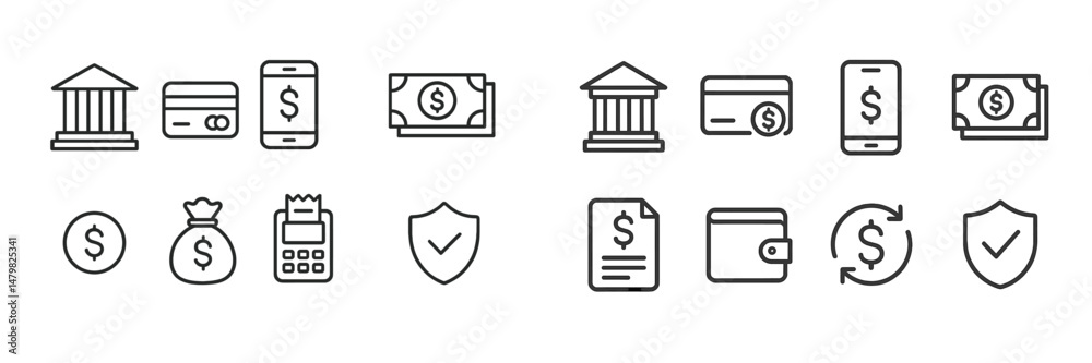 Poster Set of detailed web icons representing financial activities and services in a clean and modern style