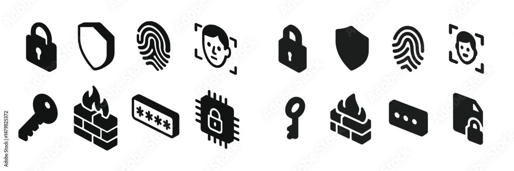Aufkleber collection of web icons showcasing security features such as locks, shields, and biometric elements 
