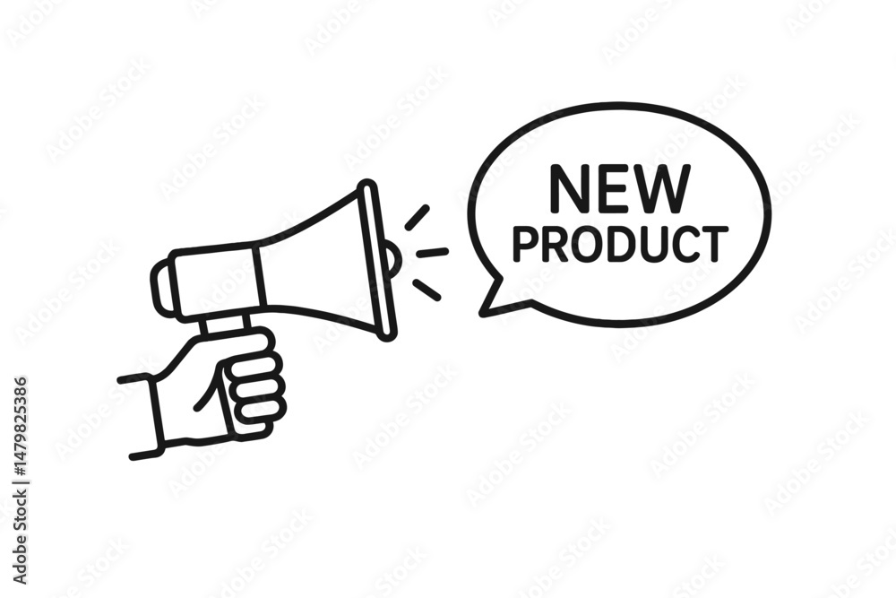 Poster web icons showcasing a hand holding a megaphone with a speech bubble announcing a new product launch