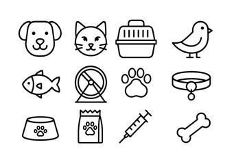 Collection of web icons representing pets and pet care items for modern digital designs