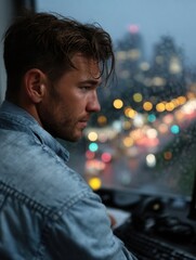 Young man working on a laptop in a rainy evening cityscape with blurred colorful lights outside the window