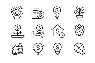 Set of web icons representing finance, investment, and growth concepts in a minimalist design