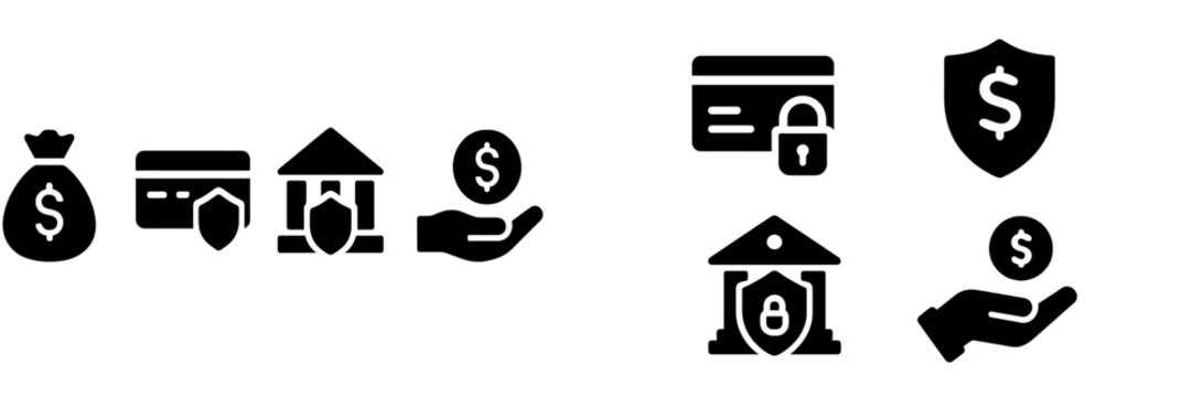 Collection of black web icons depicting financial transactions, security, and banking concepts for digital applications