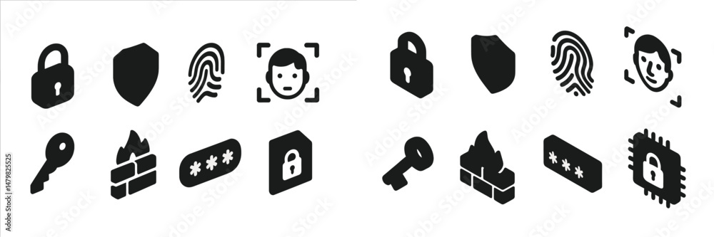 Poster set of web icons representing security features and user authentication methods for digital applicat