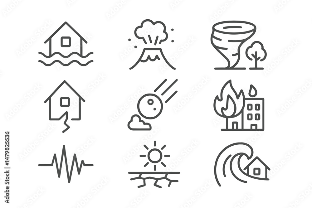 Poster set of web icons depicting natural disasters and emergency scenarios for educational and information