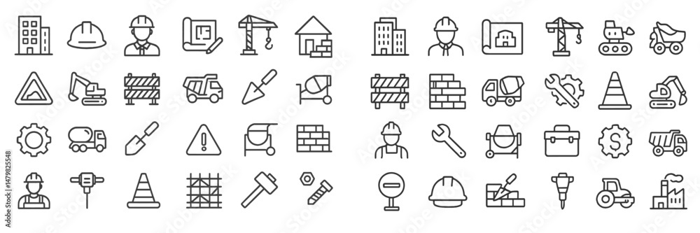 Poster collection of construction web icons featuring various tools, equipment, and safety symbols for use 
