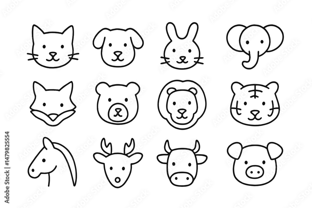 Aufkleber collection of simple web icons featuring various animal faces including a cat, dog, and more in mini